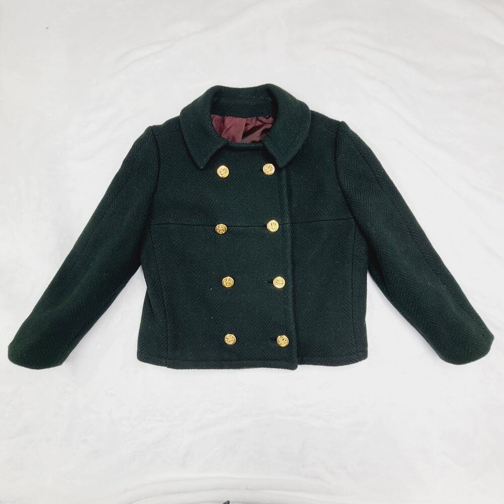Vintage 50s 60s Green Wool Coat Jacket Gold Buttons Cropped Swing Mid Century